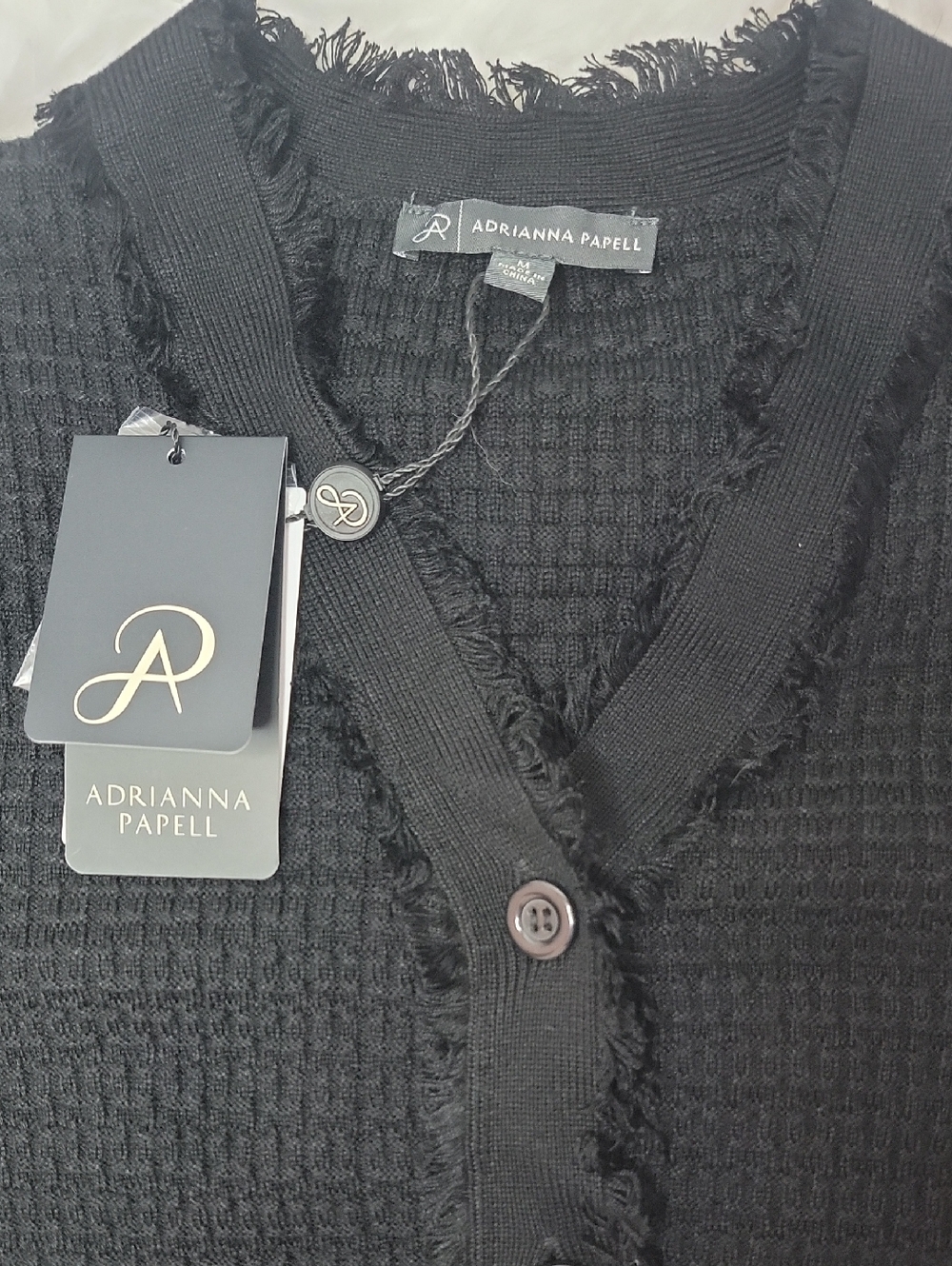 Adrianna Papell Black Fringed Button Front Cardigan. Medium. NWT